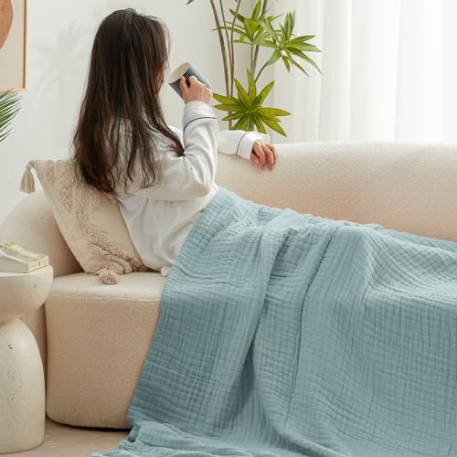 Love's cabin 100% Cotton Muslin Blanket, 6 Layer Lightweight Breathable Gauze Queen Size Blanket 90 x 90 Inches, Soft All Season Blanket for Bed, Cyan - color: Cyan, size: Queen(90"x90")