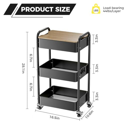 3-Tier Rolling Cart with Table Top, Metal Utility Cart on Wheels | Sturdy Storage Organizer Cart with Lockable Wheels&Hooks for Craft, Office, Classroom, Kitchen and Bathroom, Black - color: Black