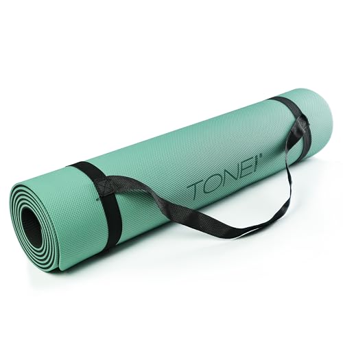TONE Fitness Yoga Mat 1/4" Thick Non Slip Exercise & Pilates Mat for Home Workouts with Carrying Strap | Multiple Options - color: Black/Teal, style: Pyramid Pattern