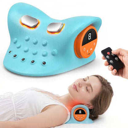 Massager Official 4-in-1 Cervical Neck Massager Pillow with Heating Wave Vibration, Remote Control, for Home, Office, Travel