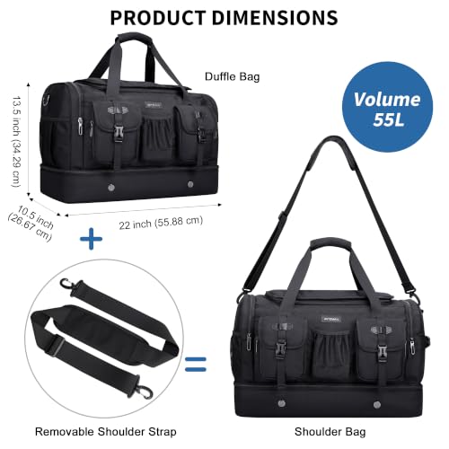 WITZMAN Duffle Bag for Men 55L Nylon Travel Weekender with Shoe Compartment - color: Black
