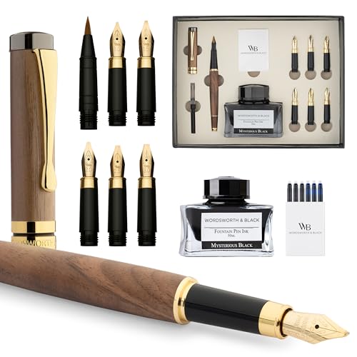 Wordsworth & Black Luxury Bamboo Brown Calligraphy Pen Set, 6 Nibs | Fountain Ink Bottle, Cartridges , Refill Converter, Gift for Men , Women, Smooth Writing, Journaling , Lettering - color: Brown Wood