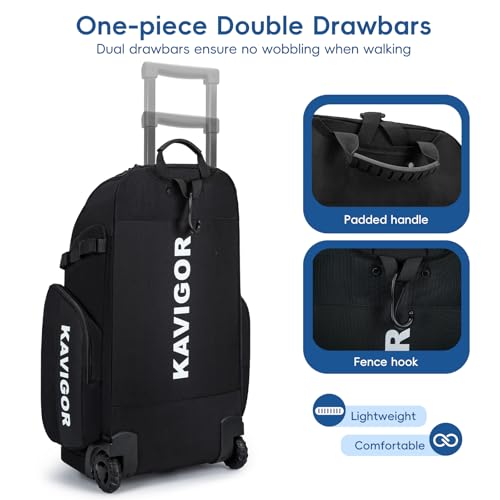 KAVIGOR Rolling Baseball Bag with Wheels, 60L Capacity Softball Bag Holds 4 Bats for Boys and Girls, Youth Equipment Bag with Shoe Compartment - color: Black