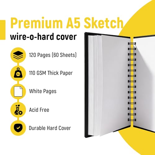 MAyART A5+ Spiral Sketchbook Hardcover, 120 Pages 110gsm White Thick Paper Drawing Sketch Book, 5.8x8.3 inch Wire-O Bound Artist Sketchbook, Acid-Free Sketch Pad for Pencil, Ink & Marker - size: A5