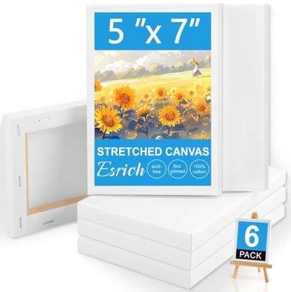 ESRICH Small Canvases for Painting, 6 Pack Canvas 5x7 Inch Stretched Canvas 2/5" Profile Primed Acid Free Painting Canvas for Kids for Oil Paint,Watercolor,Acrylic Paint,Gouache &Tempera. - style: 6 Packs Stretched Canvas - 5*7in