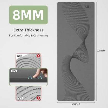 ILILI Exercise Mat 72''x25''×0.3''(8MM) | Compact Eco Friendly TPE Yoga Mat for Pilates & Fitness, Tear Resistant with Carry Strap for Home Gym Studio Stretching - color: grey