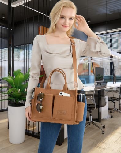 ZHMO Canvas Tote Bag for Women,Women's Bags Crossbody Bags Work Laptop Tote Bag Large Handbags Purse for Travel Nurse Teacher - color: New Upgrade Brown With Compartments and Side Cup Holders