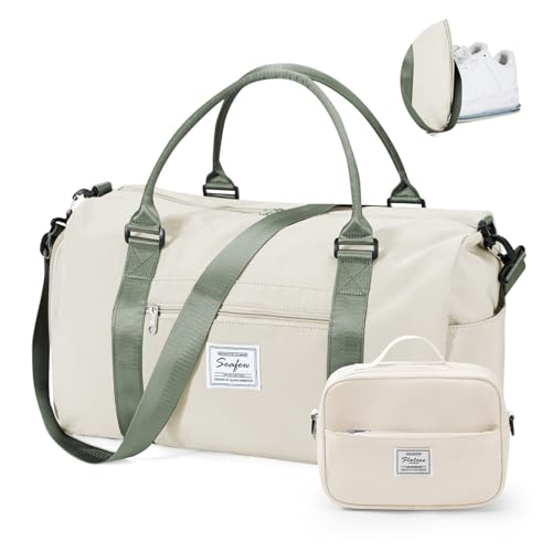 Gym Bag Womens with Shoes Compartment Travel Duffel Bag Beige Green - color: B14-Beige&Green+Toiletry Bag