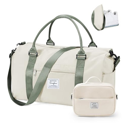 Gym Bag Womens with Shoes Compartment Travel Duffel Bag Beige Green - color: B14-Beige&Green+Toiletry Bag