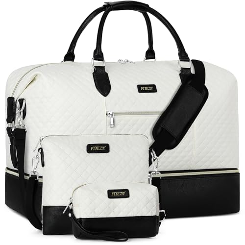 ITIEZY Weekender Bag for Women 21.5" Travel Duffel Large Carry On Bag 3PCS | Nylon Duffel Bag with Waterproof Shoe Compartment, Crossbody Bag and Toiletry Bag, Travel Weekend Hospital Overnight Gym Bag - color: 6-Off White