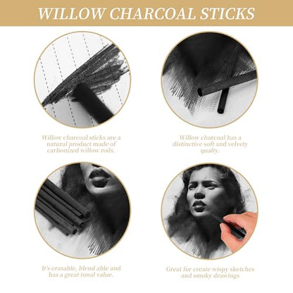 150 Pcs Willow Charcoal Sticks, Soft Vine Charcoal Pencils | Artist Willow Charcoal Sticks for Drawing, Sketching, Shading, 5.7 Inch in Length, 2-9 mm in Diameter