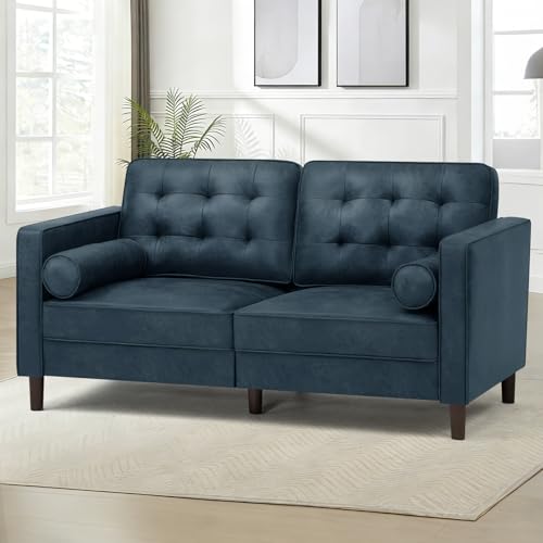 67" Suede Leather 2 Seater Sofa with Two Bolster Pillows, Blue - color: Blue, size: 67" Loveseat