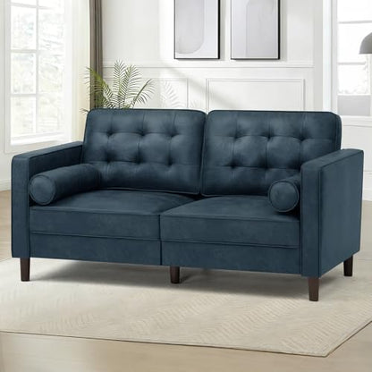 67" Suede Leather 2 Seater Sofa with Two Bolster Pillows, Blue - color: Blue, size: 67" Loveseat
