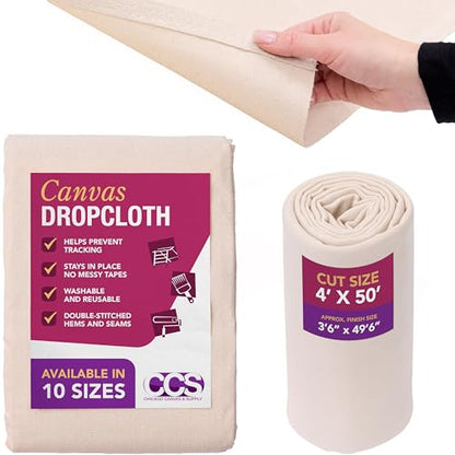 All Purpose Canvas Drop Cloth by CCS CHICAGO CANVAS & SUPPLY - Paint Tarp, Canvas Fabric, Drop Cloth Curtains, Paint Drop Cloth, Washable & Reusable Drop Cloth for Painting - 4 by 50 Feet - size: 4 by 50 Feet