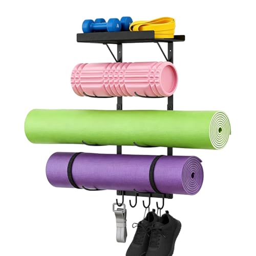 DICOSMETIC 1Set Yoga Mat Holder Wall Mount Metal Home Gym Rack with Floating Shelves and and 4 Hooks Hanging Yoga Mat Storage Rack for Stretching Strap Resistance Bands Yogas Accessories