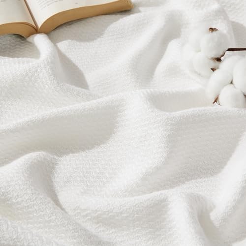 Bedsure GentleSoft 100% Cotton Blanket King Size for Bed - Cooling Breathable and Lightweight, Soft Cozy Textured Herringbone Woven Blanket for Summer, White, 108x90 inches - color: 02 - White, size: King