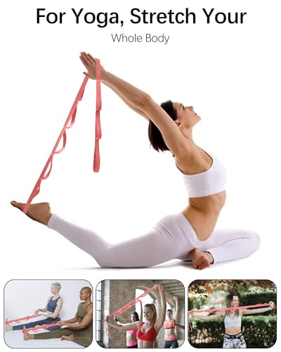 10 Loop Yoga Stretching Strap for Physical Therapy - Non-Elastic Exercise Band for Pilates, Yoga, Stretching for Women & Men - color: Pink