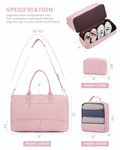 LOVEVOOK Travel Duffle Bag for Women, Weekender Overnight Bag with Shoe Compartment, Carry on Bag with Toiletry Bag, Gym Duffel Bag with Wet Pocket, Hospital Bags for Labor and Delivery 3 Pcs Set - color: Pink, size: Large