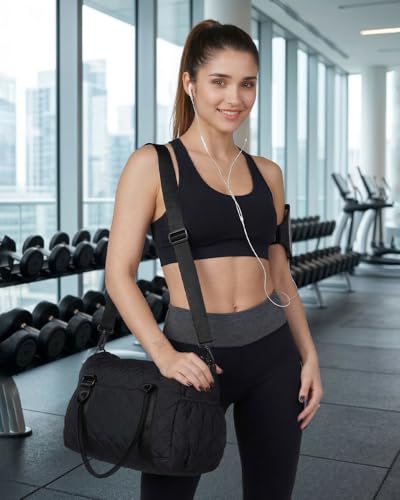 Gym Bag for Women with Yoga Mat Holder, Small Mini Gym Tote Bag Puffy Quilted Lightweight Sports Duffel Bag with Wet Compartment for Dance Yoga Workout Travel - Black - color: Black