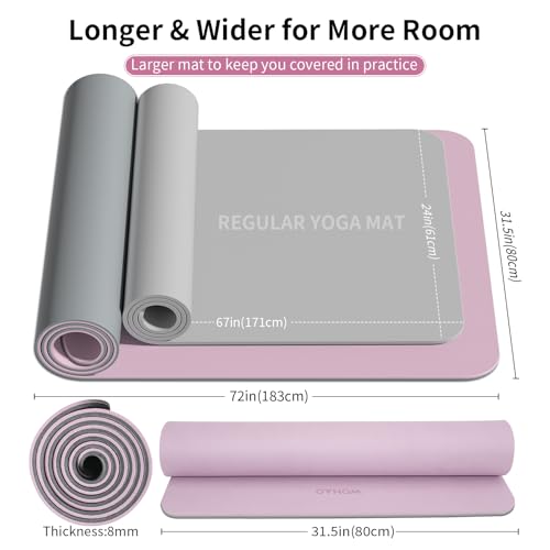 8mm Extra Wide 80cm Yoga Mat Non Slip | Spacious 80cm x 72" mat for tall users, gym, pilates. POE, reversible dual-color, non-slip, tear-proof, odorless, strap. - color: Taro Purple+Gray