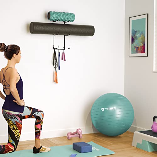 Wallniture Guru Yoga Mat Holder Wall Mount with 3 Hooks for Hanging Yoga Strap, Resistance Bands, 5-Sectional Metal - color: Black, size: 19'' H | 3 Sectional