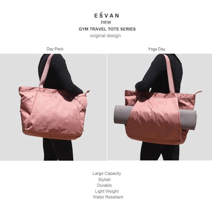 ESVAN Yoga Tote Bag for Women Shoulder Bags Drawstring for Office Workout Travel Carryall Pilates Gym and Beach - color: Nylon Rose Gold