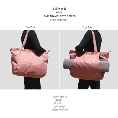 ESVAN Yoga Tote Bag for Women Shoulder Bags Drawstring for Office Workout Travel Carryall Pilates Gym and Beach - color: Nylon Rose Gold