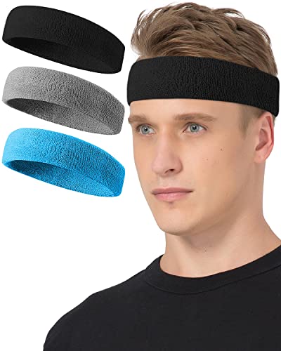 Tanluhu Sweatbands Sport Headbands for Working Out, Exercise, Tennis, Basketball, Running - Terry Cloth Athletic Sweat Cotton Headband Outdoor for Men & Women - color: Black/Gray/LT Blue