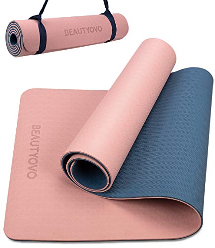 BEAUTYOVO Yoga Mat with Strap, 1/3 Inch Extra Thick Yoga Mat Double-sided Non Slip, Professional TPE Yoga Mats for Women Men, Workout Mat for Yoga, Pilates and Floor Exercises - color: Cherry Pink & Navy Blue