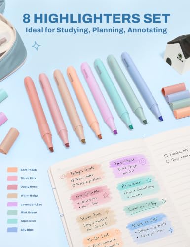 SUNEE Pencil Case with Supplies, 54PCS Aesthetic Stationery Set with 8 Pastel Highlighters, 8 Gel Pens Black Ink, 6 Mechanical Pencils, Back to School, College Essentials for Students, Blue - color: Blue, style: 54 Pack