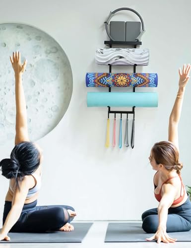 Yoga Mat Holder Wall Mount, Home Gym Storage Rack with Top Floating Shelf, 4-Tiers Holding Yoga Mat/ Blocks/ Rollers and Decorations, 5 Hooks for Resistance Bands, Skipping-Rope, Small Gym Equipment