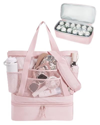 BAGSMART Beach Bag for Women, Mesh Tote Bags with Zipper, Sandproof Vacation Essentials with Cooler for Swim Cruise Pool - color: Pink