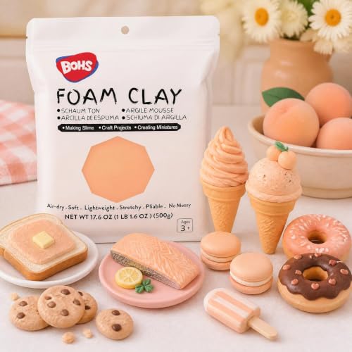 BOHS Foam Clay, Peach Air Dry Modeling Clay, 1.1 lb | Soft, lightweight; crack-free finish; EVA and polystyrene foam details; cosplay props, figurines, fake bakes and slime making - color: Peach, size: 500 g