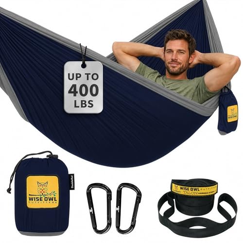 Wise Owl Outfitters Camping Hammock – up to 500lbs Portable Hammock with Tree Straps - Travel, Backpacking, Hiking, Outdoors Camping Gear - Single or Double - color: Navy & Steel, size: Single