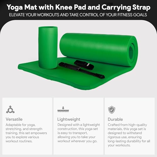 BalanceFrom 71x24 Inches Yoga Mat with Knee Pad and Optional Blocks – Extra 1-Inch Thick Non-Slip Foam with Anti-Tear Surface and Carrying Strap for Home, Studio, or Gym Workouts - color: Green, style: Mat & Knee Pad