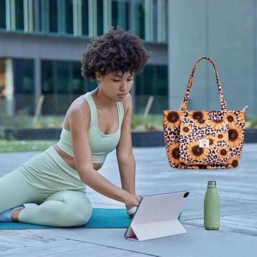WLLWOO Yoga Mat Carrier Bag for Women Canvas Carryall Tote Gym Pilates | Large Holder Zipper Shoulder for Beach Travel Workout Fitness Office - color: Leopard Sunflower