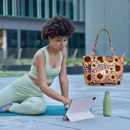 WLLWOO Yoga Mat Carrier Bag for Women Canvas Carryall Tote Gym Pilates | Large Holder Zipper Shoulder for Beach Travel Workout Fitness Office - color: Leopard Sunflower