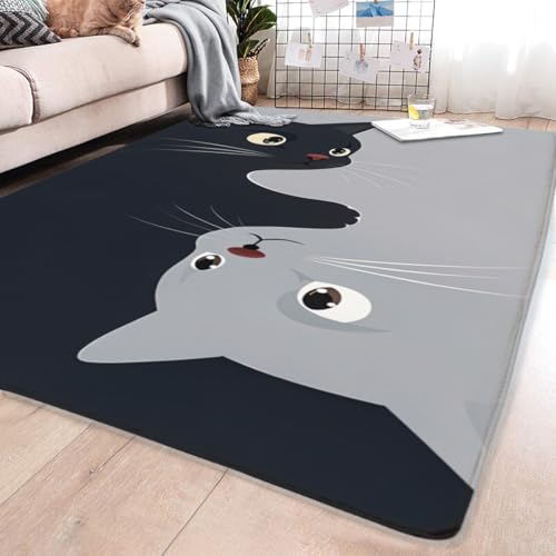 Living Room Rugs Cat Cartoon Carpet, Low Pile mat, Rubber Backing, Washable Non-Slip Large Rug for Dining Room Bedroom, Grey 2'x3' - color: Grey, size: 2'x3'