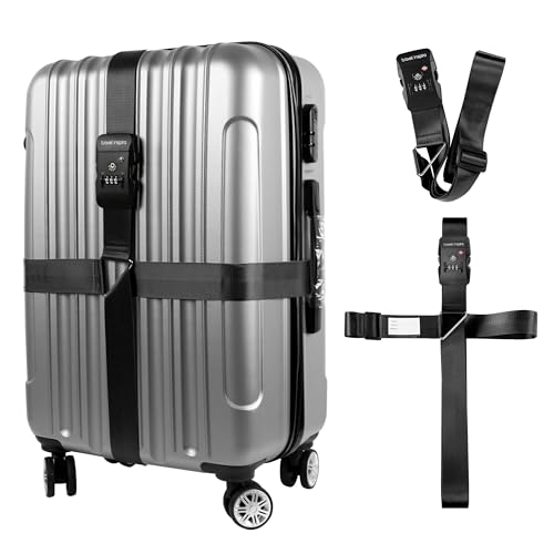 Travel Inspira TSA Accepted Long Luggage Cross Straps for Suitcases | Heavy-Duty Nylon; TSA-Approved Lock with Tag; Adjustable 103-200cm; Secure Black Strap; 20-28 Inch Bags; Anti-Burst - color: Cross Black