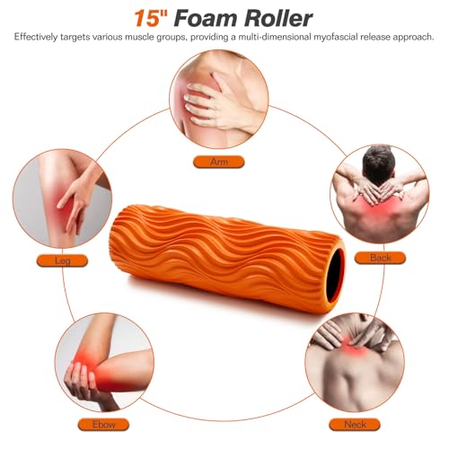 5 in 1 Foam Roller Set - Trigger Point Foam Back Roller, Muscle Roller Stick, Massage Ball, Stretching Band for Deep Muscle Massage Pilates Yoga,Fitness Exercise for Whole Body Release (Orange)