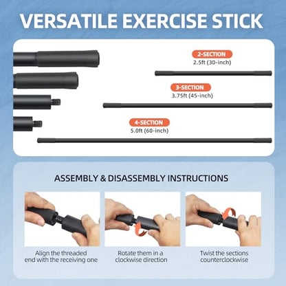 Adjustable Yoga Stick (30/45/60 in), Fully Foam-Sleeved Steel Stretching & Mobility Stick with Exercise Guide, Portable Fitness & Rehab Tool, Carry Bag Included