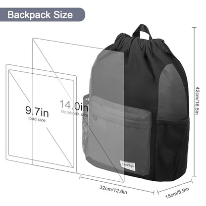 Waterproof Drawstring Backpack Sports Gym Sackpack with Mesh Pockets Water-Resistant String Cinch Beach Bag for Men Women - color: Solid - Black Gray