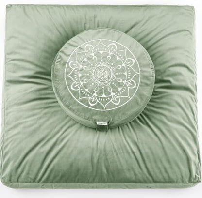 Hihealer Meditation Cushion, Traditional Tibetan Velvet Meditation Pillow | Buckwheat Yoga Bolster, Large Floor Cushion & Pillow for Adults, Zafu Zabuton Set, Zen Meditation Mat - color: Serenity Green(set)