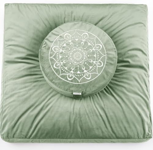 Hihealer Meditation Cushion, Traditional Tibetan Velvet Meditation Pillow | Buckwheat Yoga Bolster, Large Floor Cushion & Pillow for Adults, Zafu Zabuton Set, Zen Meditation Mat - color: Serenity Green(set)