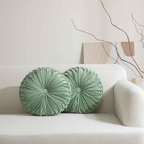 HIG Set of 2 Sage Velvet Decorative Round Pleated Throw Pillows - color: Sage