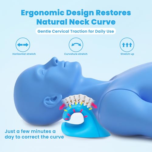 Neck Stretcher Cervical Traction Device, Neck Hump Corrector for TMJ Pain and Shoulder Pain Relief, Neck and Shoulder Relaxer, Ergonomic Pain Pillow for Spine (Blue)