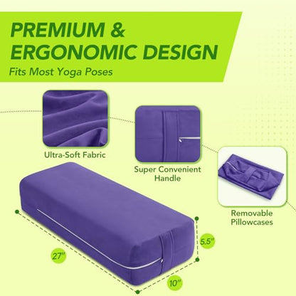 Wellsin Rectangular Yoga Bolster - Meditation Pillow with Washable Suede Cover, 27"X10" X5.5" - color: Purple