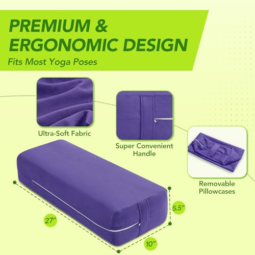 Wellsin Rectangular Yoga Bolster - Meditation Pillow with Washable Suede Cover, 27"X10" X5.5" - color: Purple
