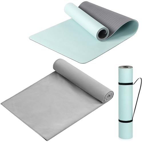 Woanger 2 Pack Hot Yoga Mat Thick 12mm and Towel Non Slip 72" x 26.5" Extra Large Absorbent Microfiber with Nylon Strap for Pilates Exercise Fitness Workout