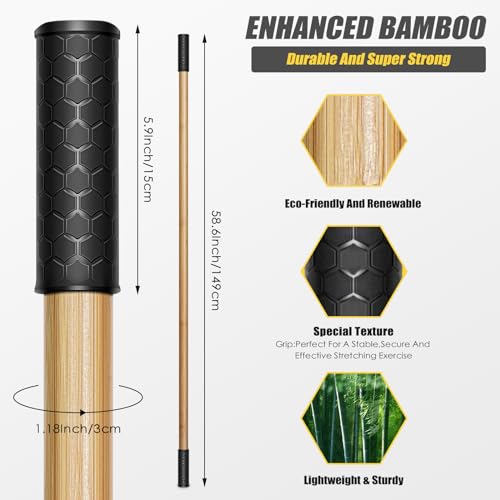 Bamboo Dowel Rod, 5ft/149 cm, Flexibility Stick for Physical Therapy | Premium Yoga Stick with Super Sturdy Rubber Handle Ends, Exercise Bar for Posture Corrector, Stretch - color: Bamboo-texture